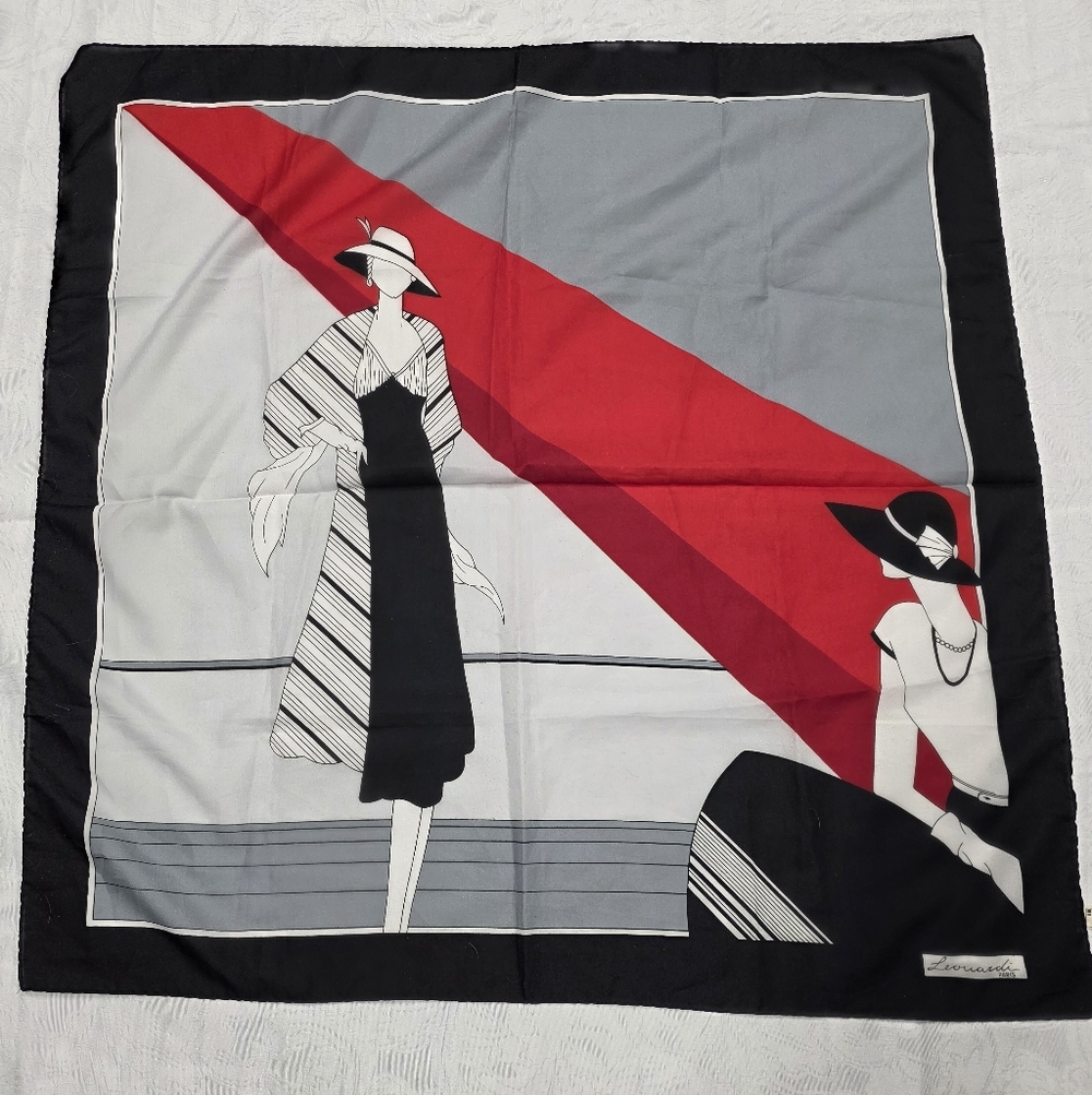 Vintage Leonardi Paris Fashion Illustration Scarf - Black White Red